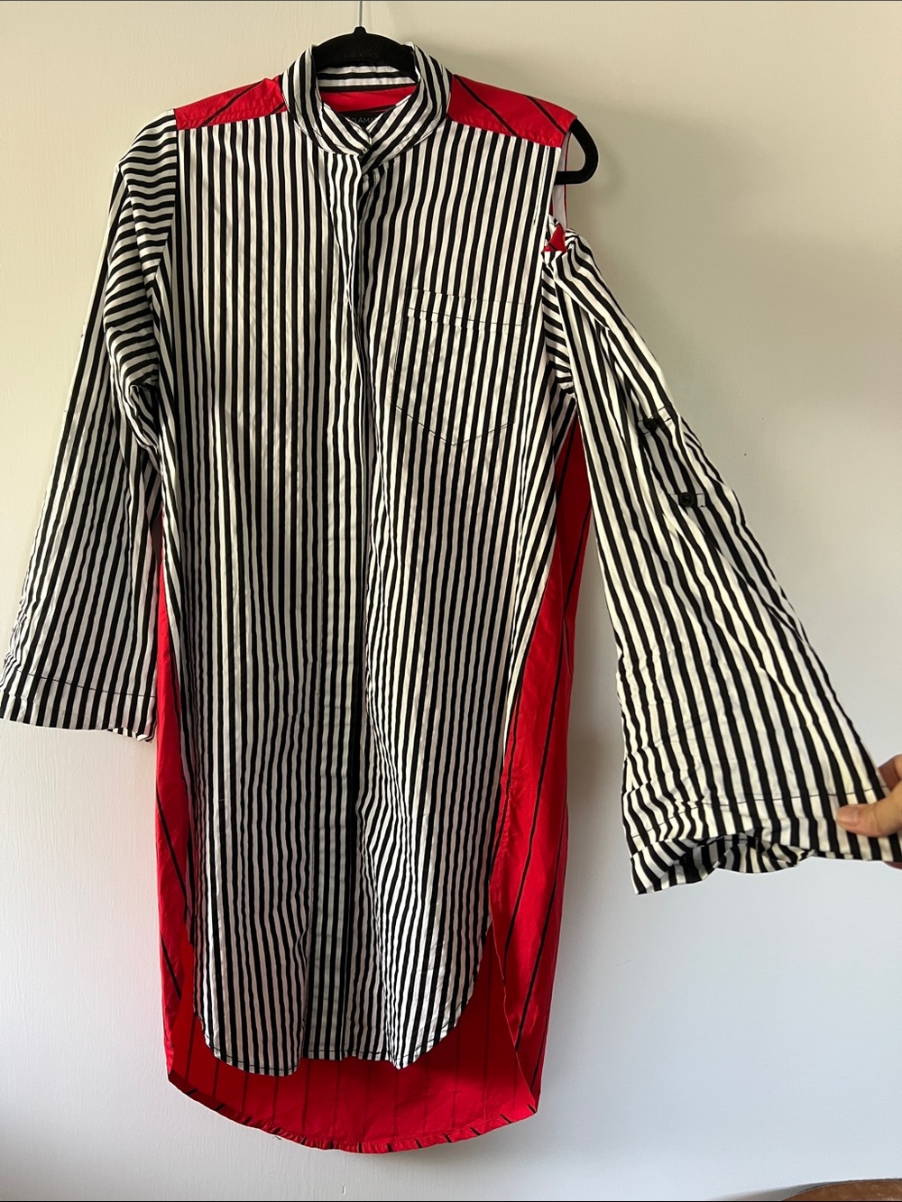 Striped Black & White Button-Down Tunic with Red Panels